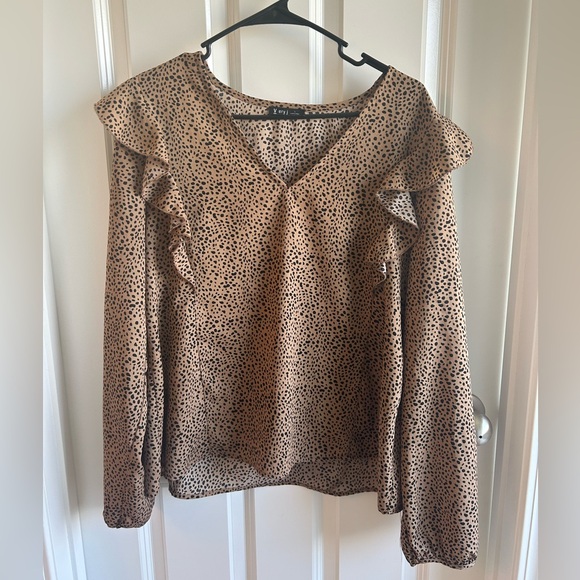 Very J Tops - Very J Tan and Black Leopard Ruffle V-Neck Blouse
